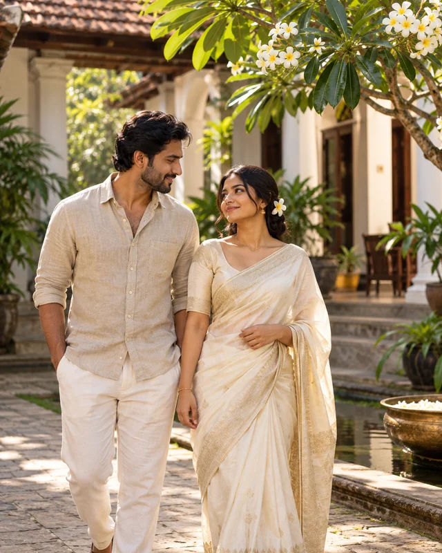 A Sri Lankan couple walking through a flowering courtyard